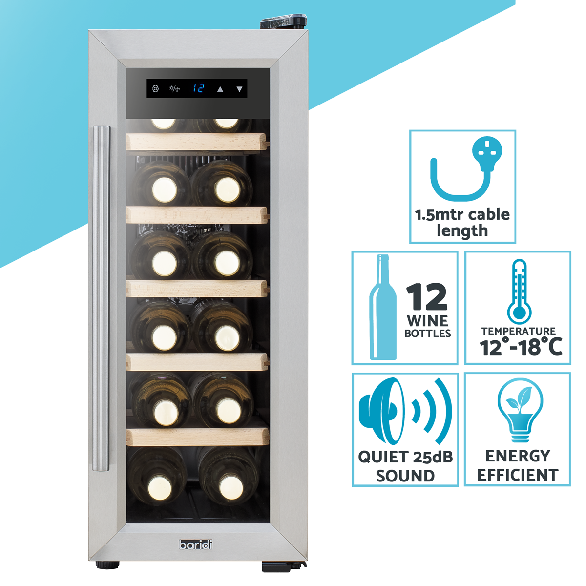 Baridi DH74 12 Bottle Wine Fridge with Digital Touch Screen Controls, Metal Shelves & LED Light - additional view 8