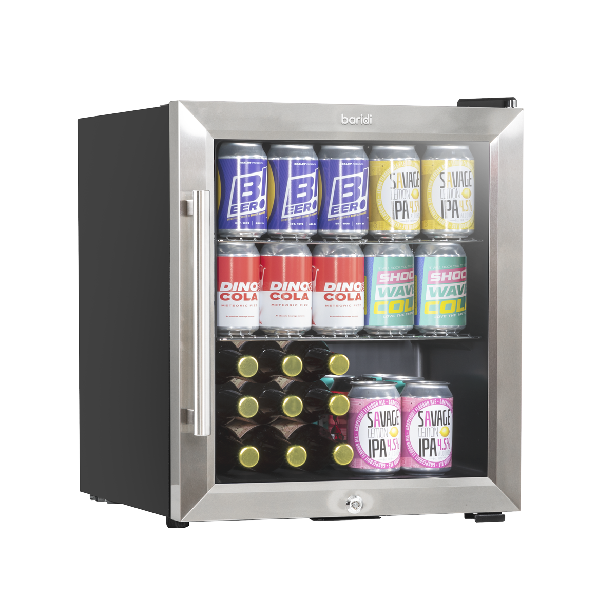 Baridi DH75 Mini Tabletop Beer & Drinks Fridge with Lock & Key, Metal Shelves & LED Light 50L - Stainless Steel