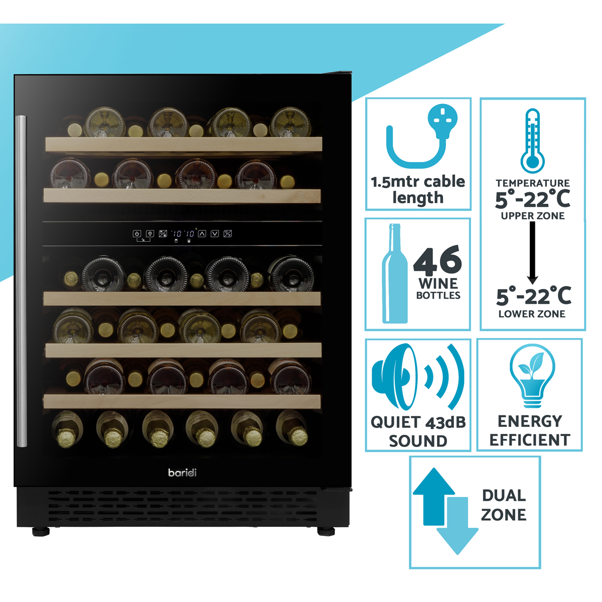 Baridi DH79 46 Bottle Dual Zone Undercounter/Freestanding Fridge with Digital Touch Screen Controls - additional view 16