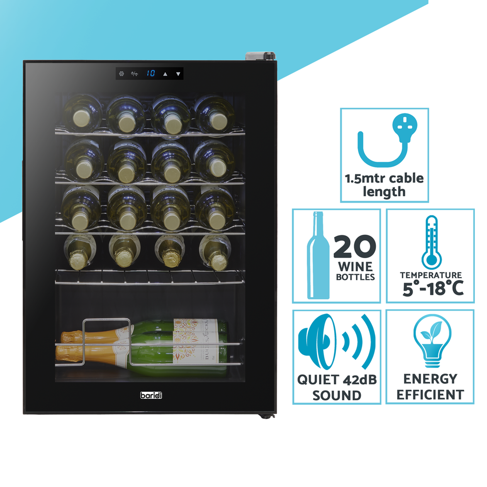Baridi DH8 20 Bottle Wine Fridge with Digital Touch Screen Controls, Metal Shelves & LED Light - Black - additional view 9