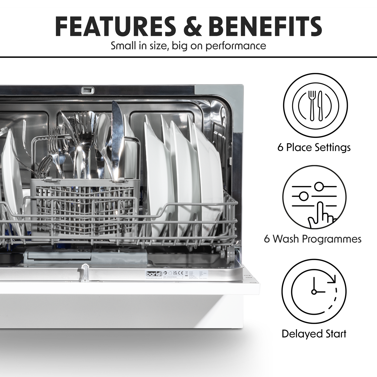 Baridi DH83 Tabletop Dishwasher 6 Place Settings 6.5L Capacity - White - additional view 2