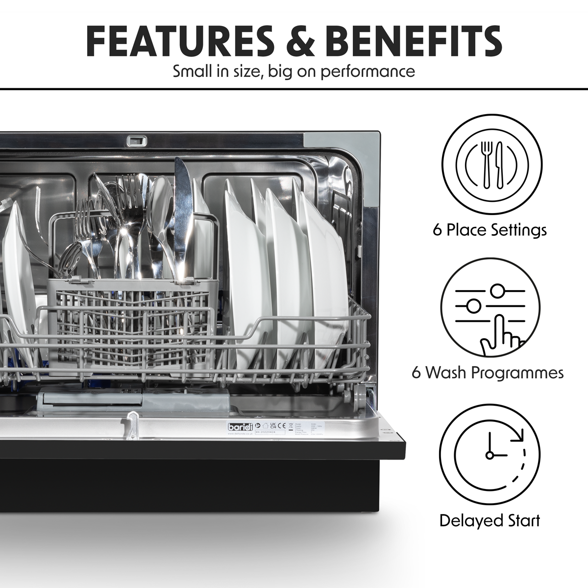 Baridi DH85 Tabletop Dishwasher 6 Place Settings 6.5L Capacity - Black - additional view 2