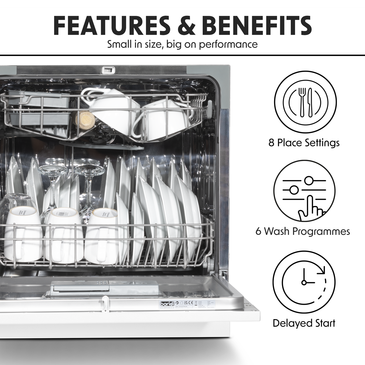 Baridi DH86 Tabletop Dishwasher 8 Place Settings 8L Capacity - White - additional view 17