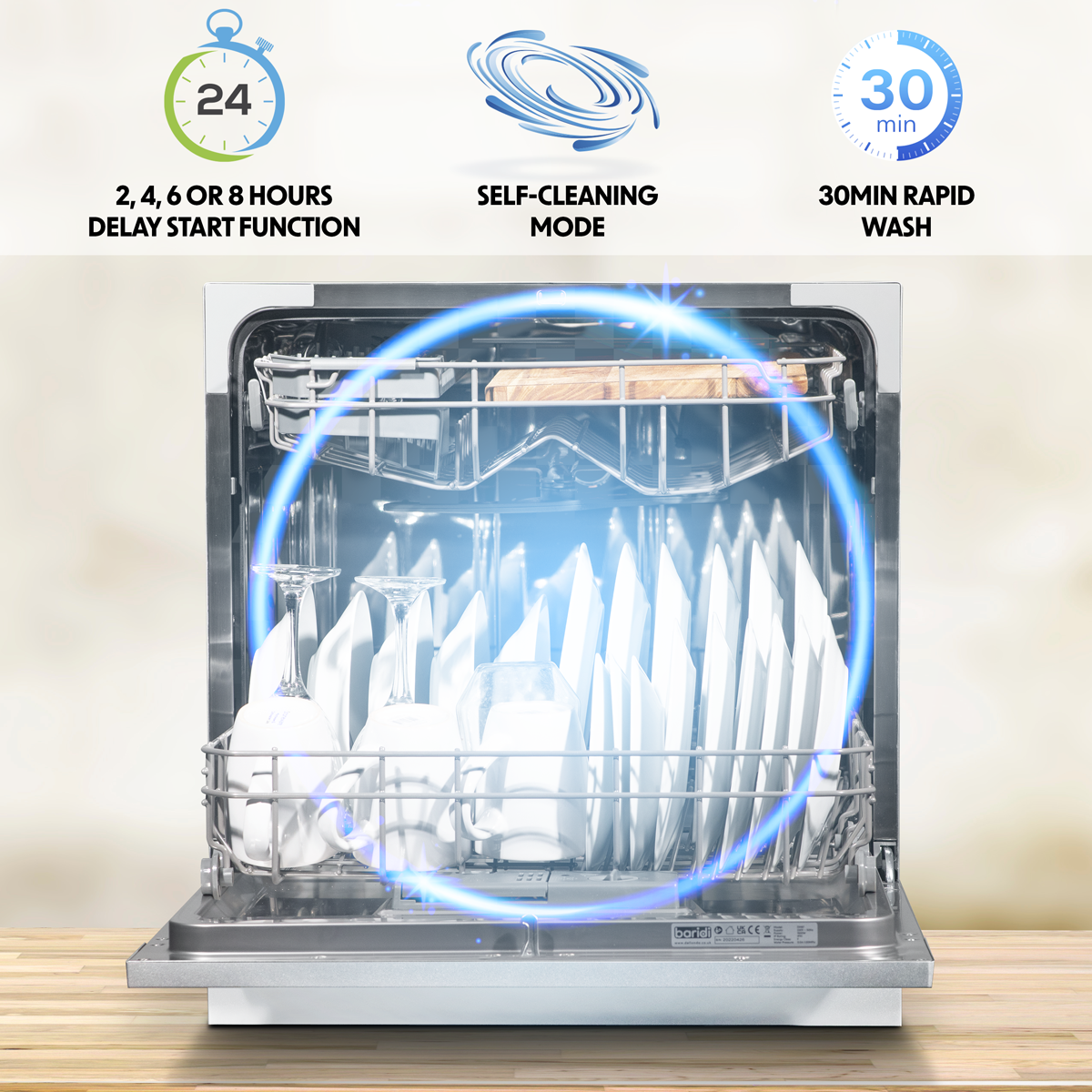 Baridi DH86 Tabletop Dishwasher 8 Place Settings 8L Capacity - White - additional view 11