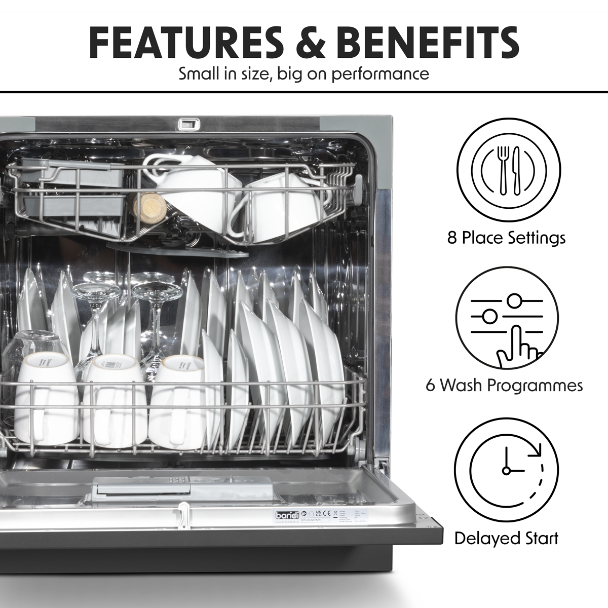 Baridi DH88 Tabletop Dishwasher 8 Place Settings 8L Capacity - Black - additional view 12