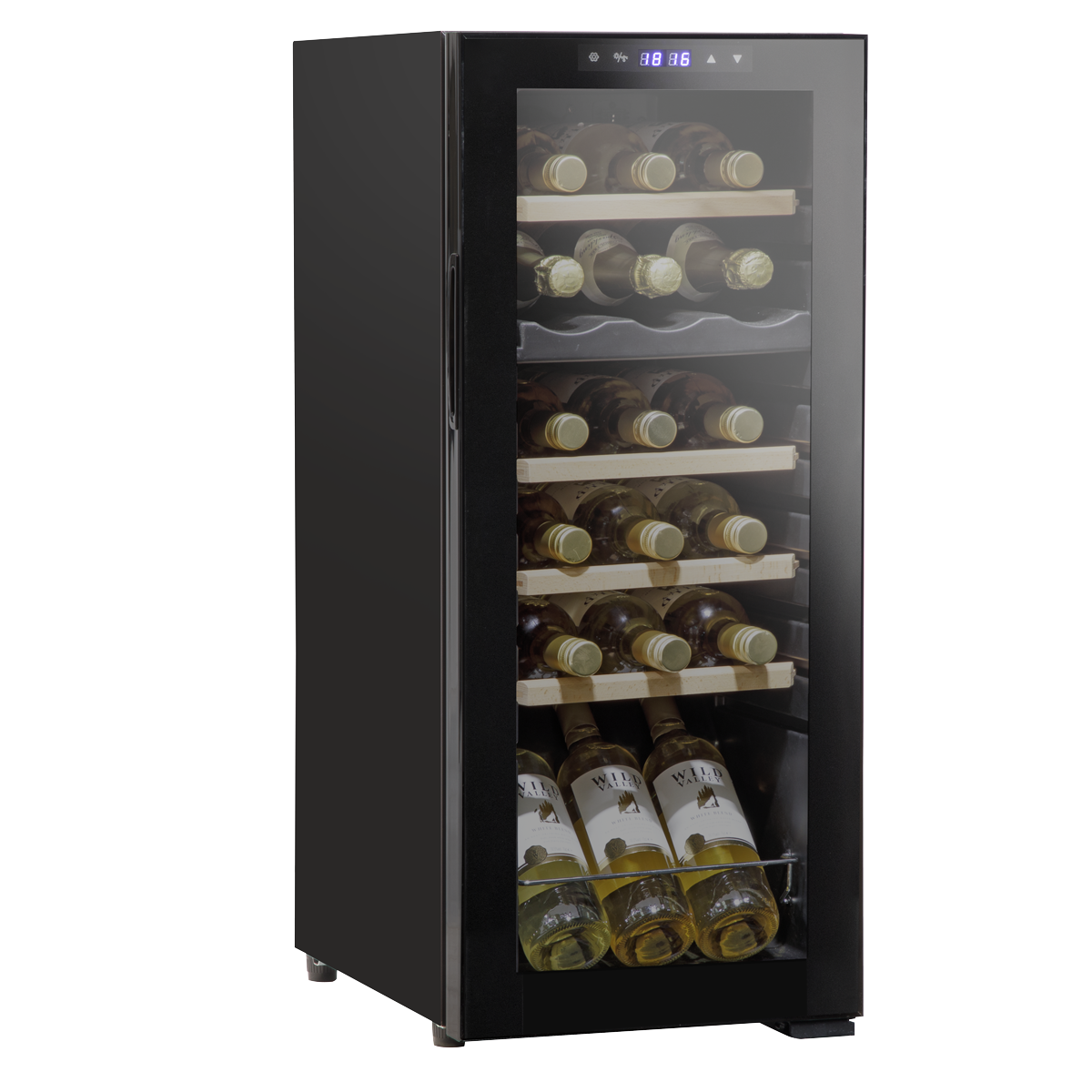 Baridi DH89 18 Bottle Dual Zone Wine Fridge/Cooler with Digital Touch Screen Controls, Wooden Shelves & LED Light - Black