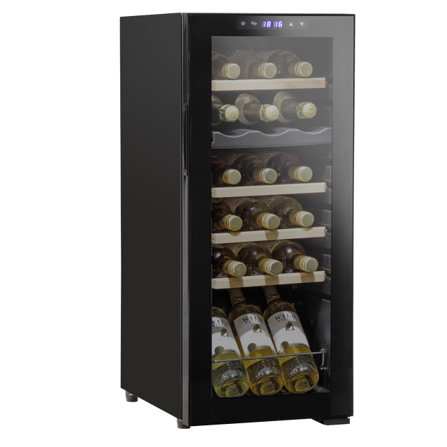 Baridi DH89 18 Bottle Dual Zone Wine Fridge/Cooler with Digital Touch Screen Controls, Wooden Shelves & LED Light - Black