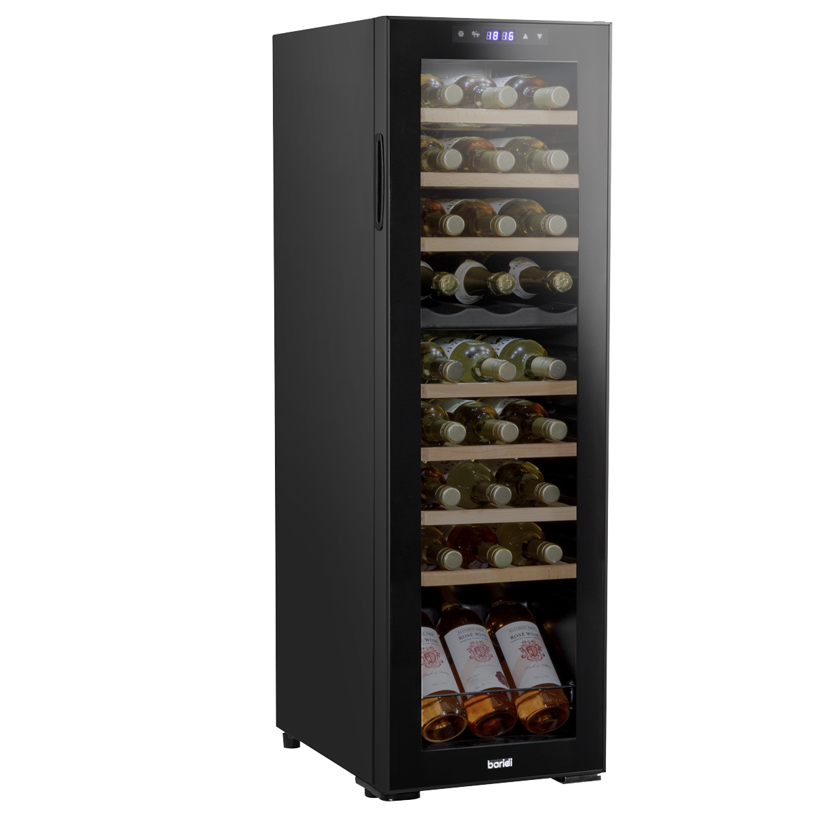 Baridi DH90 27 Bottle Dual Zone Wine Fridge with Digital Touch Screen Controls, Beech Wood Shelves & LED Light - Black