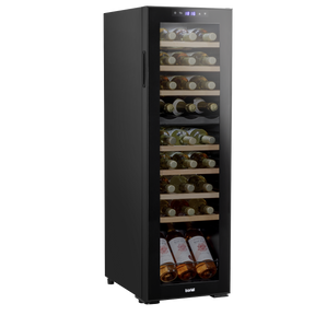 Baridi DH90 27 Bottle Dual Zone Wine Fridge with Digital Touch Screen Controls, Beech Wood Shelves & LED Light - Black