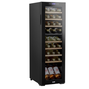 Baridi DH90 27 Bottle Dual Zone Wine Fridge with Digital Touch Screen Controls, Beech Wood Shelves & LED Light - Black