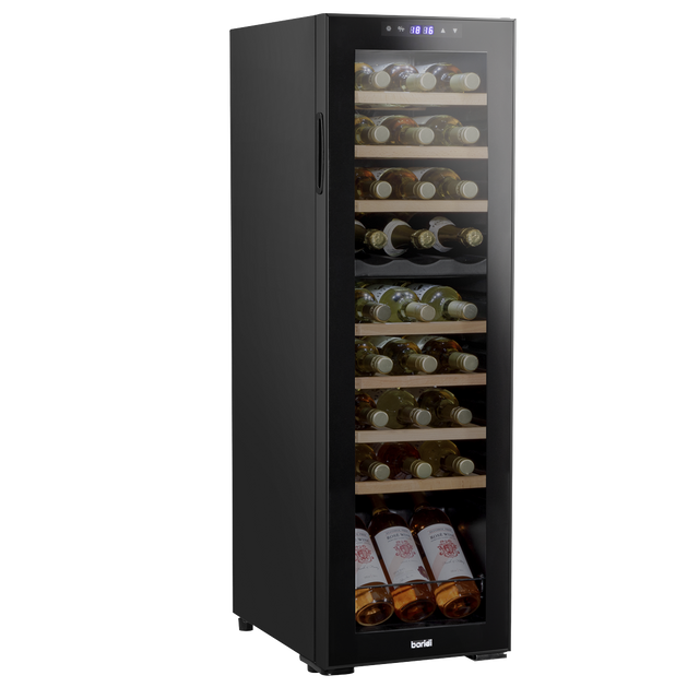 Baridi DH90 27 Bottle Dual Zone Wine Fridge with Digital Touch Screen Controls, Beech Wood Shelves & LED Light - Black