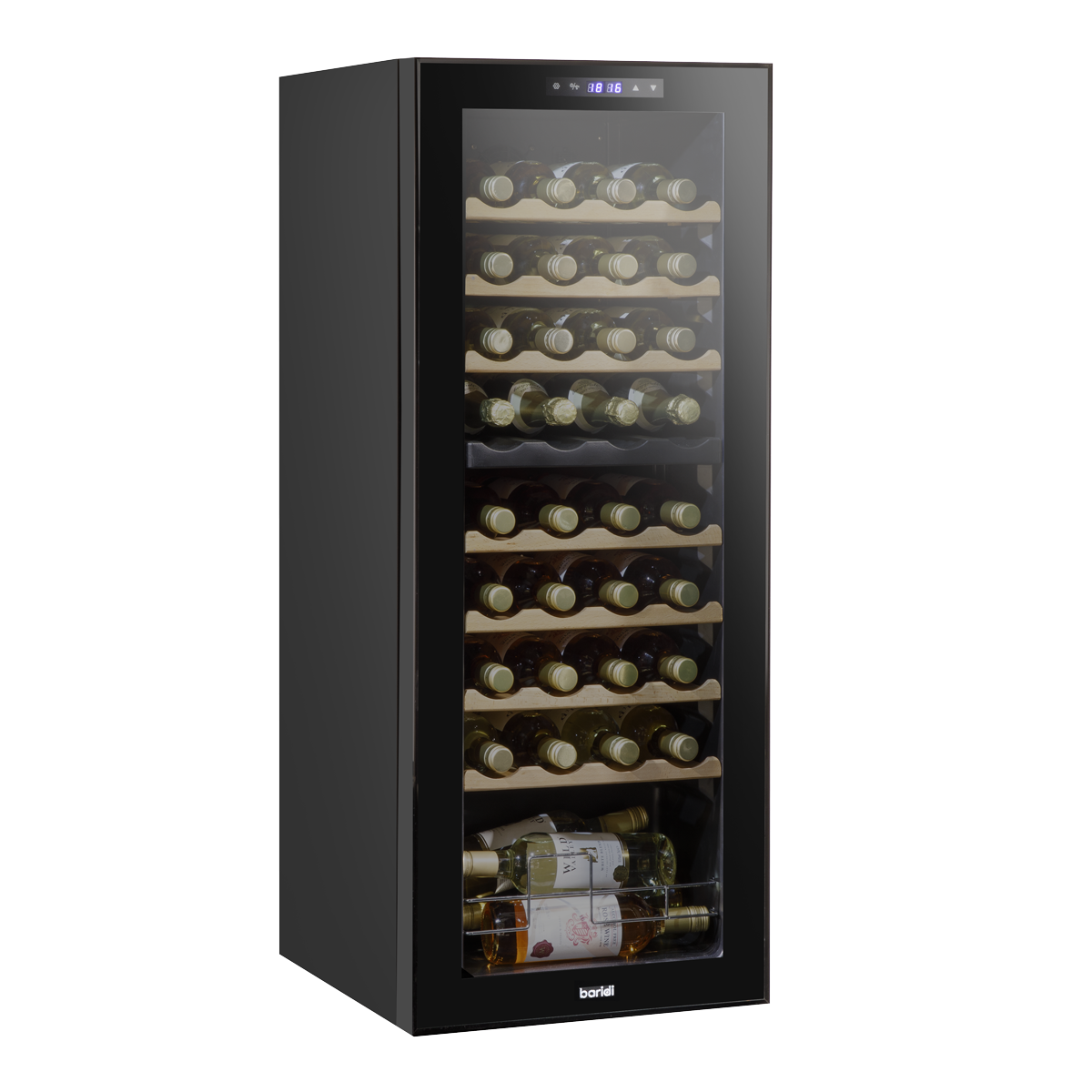 Baridi DH91 36 Bottle Dual Zone Wine Fridge with Digital Touch Screen Controls, Beech Wood Shelves & LED Light - Black