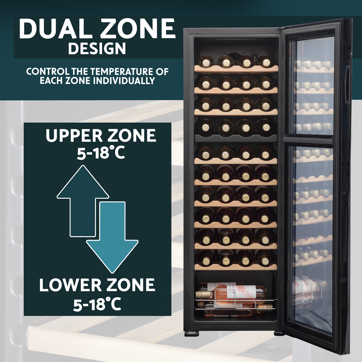 Baridi DH92 44 Bottle Dual Zone Wine Fridge with Digital Touch Screen Controls, Beech Wood Shelves & LED - additional view 10