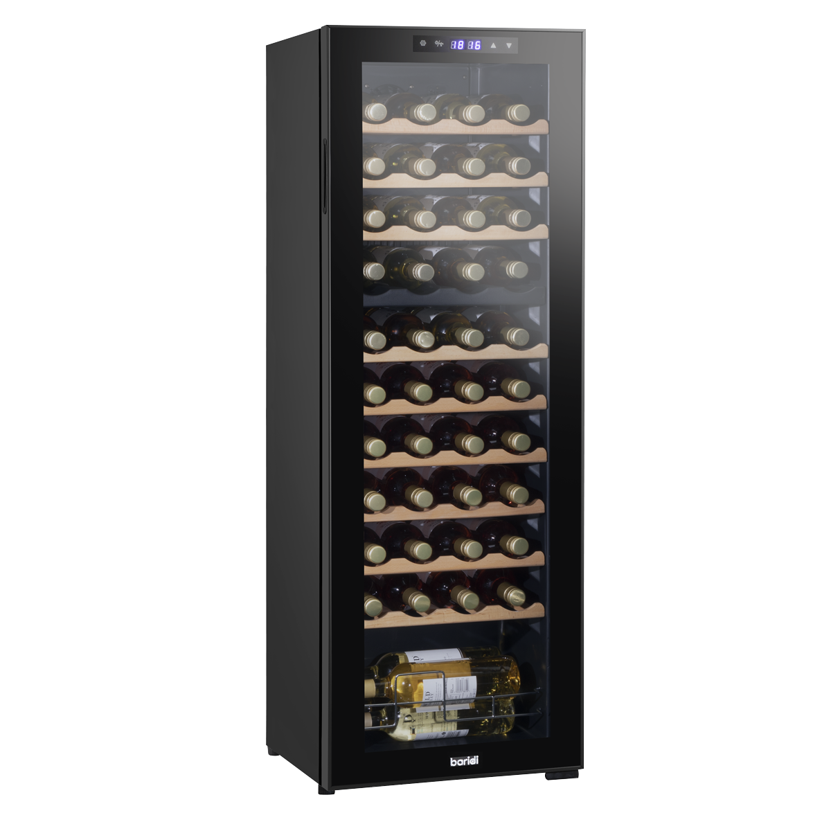 Baridi DH92 44 Bottle Dual Zone Wine Fridge with Digital Touch Screen Controls, Beech Wood Shelves & LED Light - Black