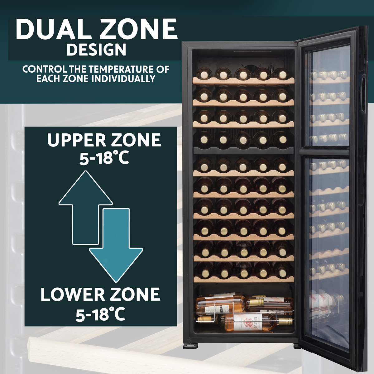 Baridi DH93 55 Bottle Dual Zone Wine Fridge with Digital Touch Screen Controls, Beech Wood Shelves & LED - additional view 9