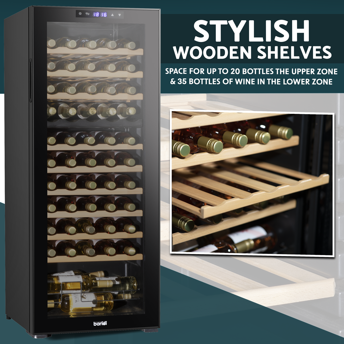 Baridi DH93 55 Bottle Dual Zone Wine Fridge with Digital Touch Screen Controls, Beech Wood Shelves & LED - additional view 12