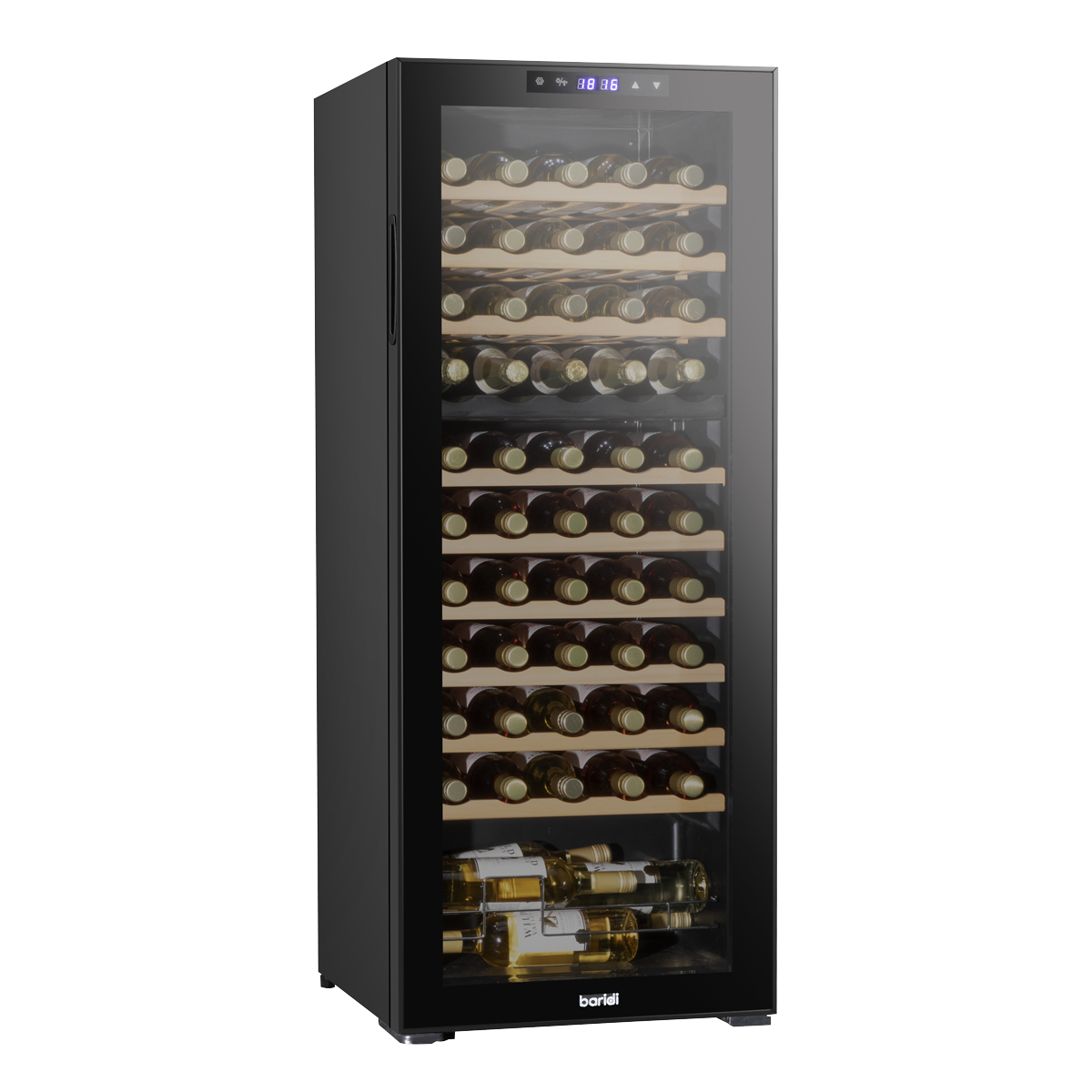 Baridi DH93 55 Bottle Dual Zone Wine Fridge with Digital Touch Screen Controls, Beech Wood Shelves & LED Light - Black