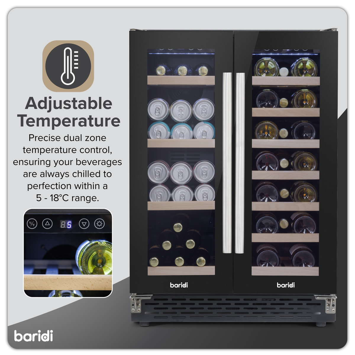 Baridi DH96 40 Bottle/120 Can Dual Zone Undercounter/Freestanding Wine & Drinks Fridge - Black - additional view 20