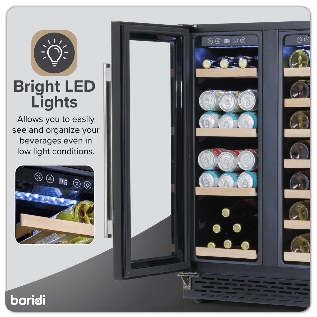 Baridi DH96 40 Bottle/120 Can Dual Zone Undercounter/Freestanding Wine & Drinks Fridge - Black - additional view 21