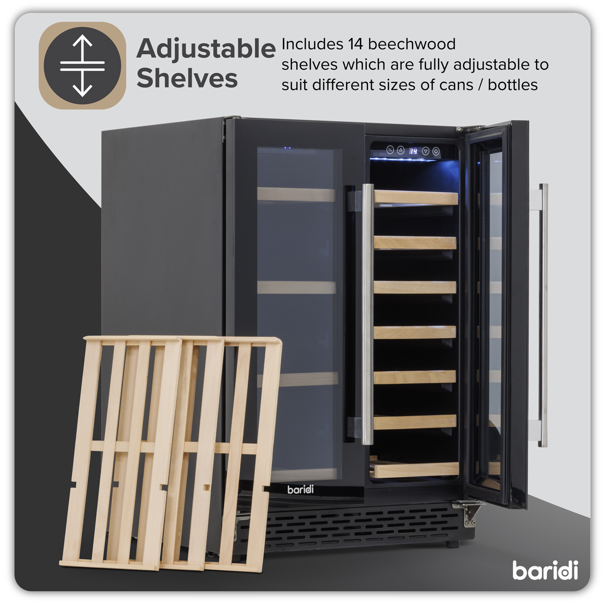Baridi DH96 40 Bottle/120 Can Dual Zone Undercounter/Freestanding Wine & Drinks Fridge - Black - additional view 22