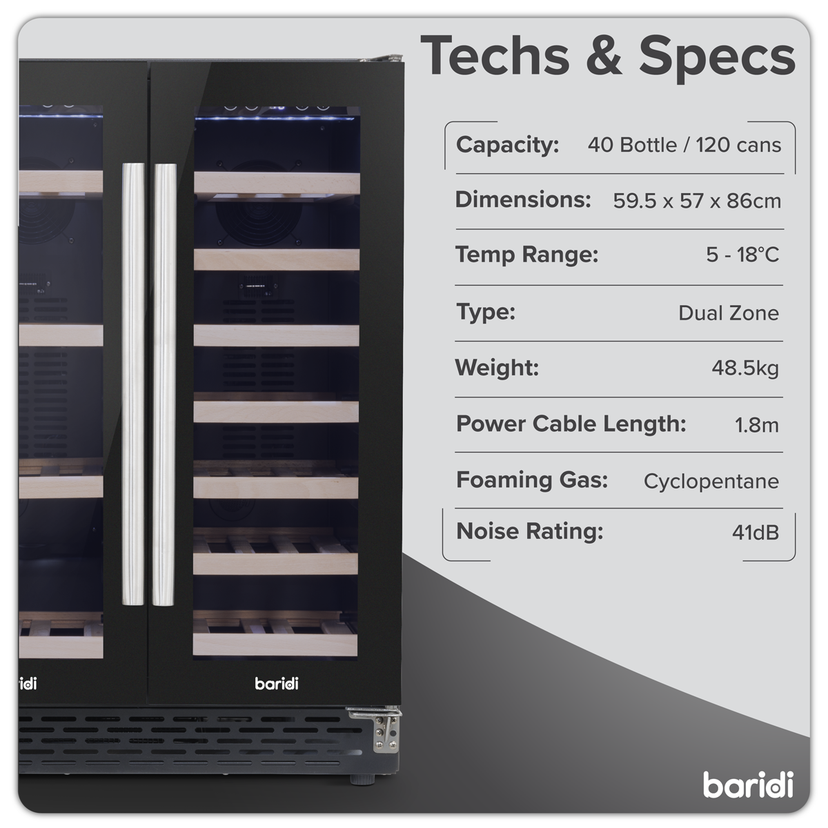 Baridi DH96 40 Bottle/120 Can Dual Zone Undercounter/Freestanding Wine & Drinks Fridge - Black - additional view 24