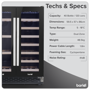 Baridi DH96 40 Bottle/120 Can Dual Zone Undercounter/Freestanding Wine & Drinks Fridge - Black - additional view 24
