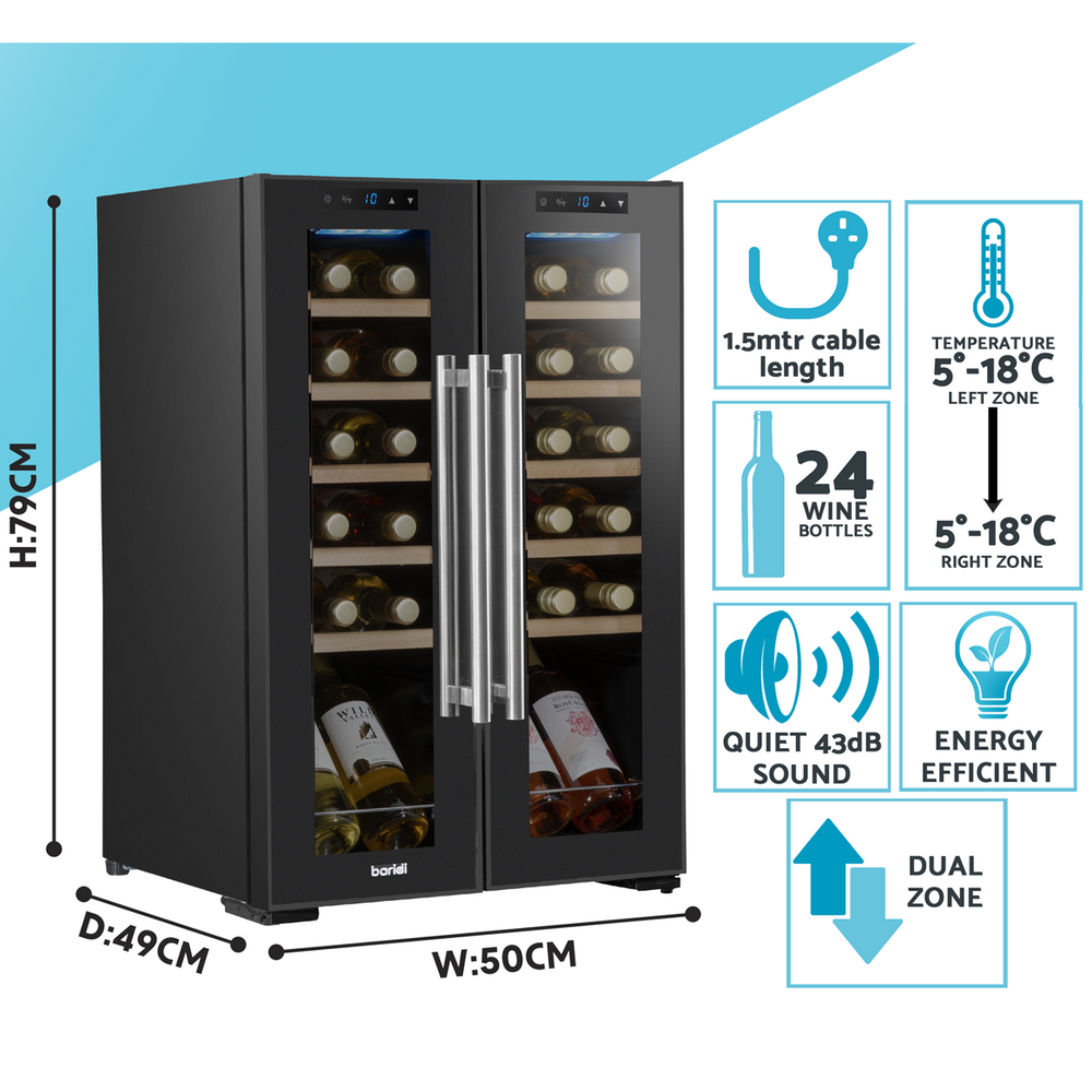 Baridi DH97 24 Bottle Dual Zone Wine Fridge with Digital Touch Screen Controls, Beech Wood Shelves & LED - additional view 2