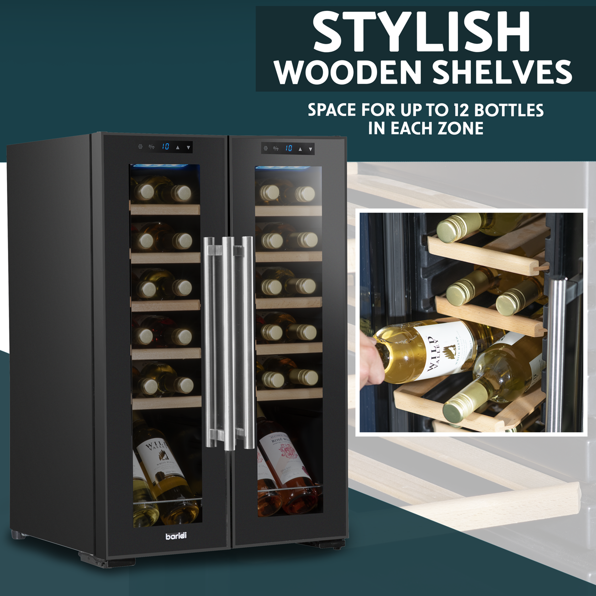 Baridi DH97 24 Bottle Dual Zone Wine Fridge with Digital Touch Screen Controls, Beech Wood Shelves & LED - additional view 18