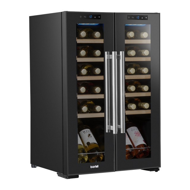 Baridi DH97 24 Bottle Dual Zone Wine Fridge with Digital Touch Screen Controls, Beech Wood Shelves & LED Light - Black