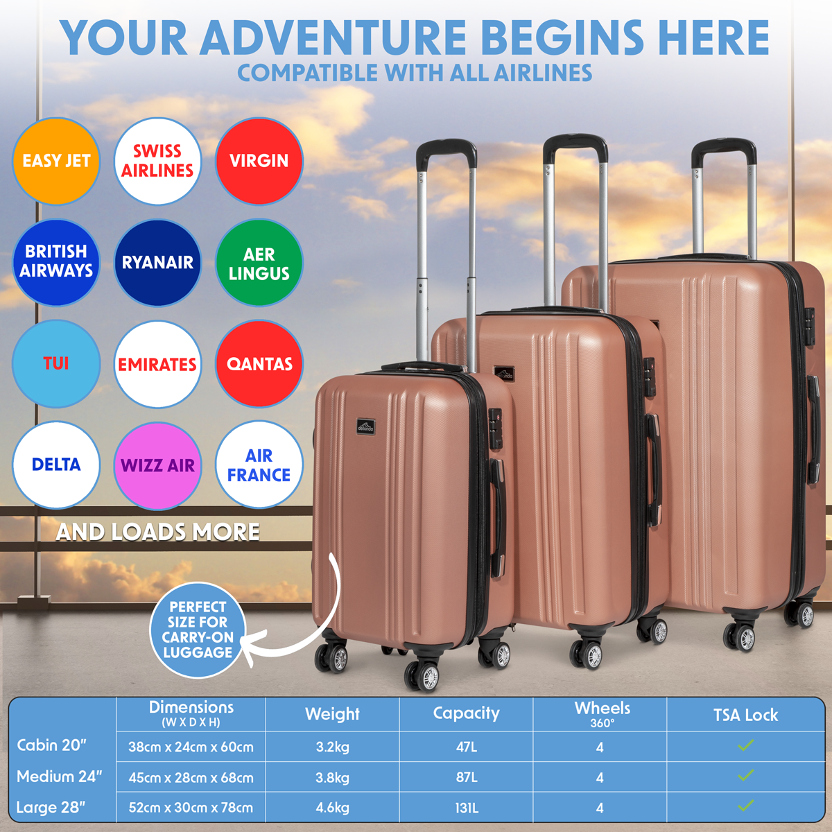 Dellonda DL125 Lightweight ABS Luggage Set with TSA Lock - Rose Gold - additional view 13