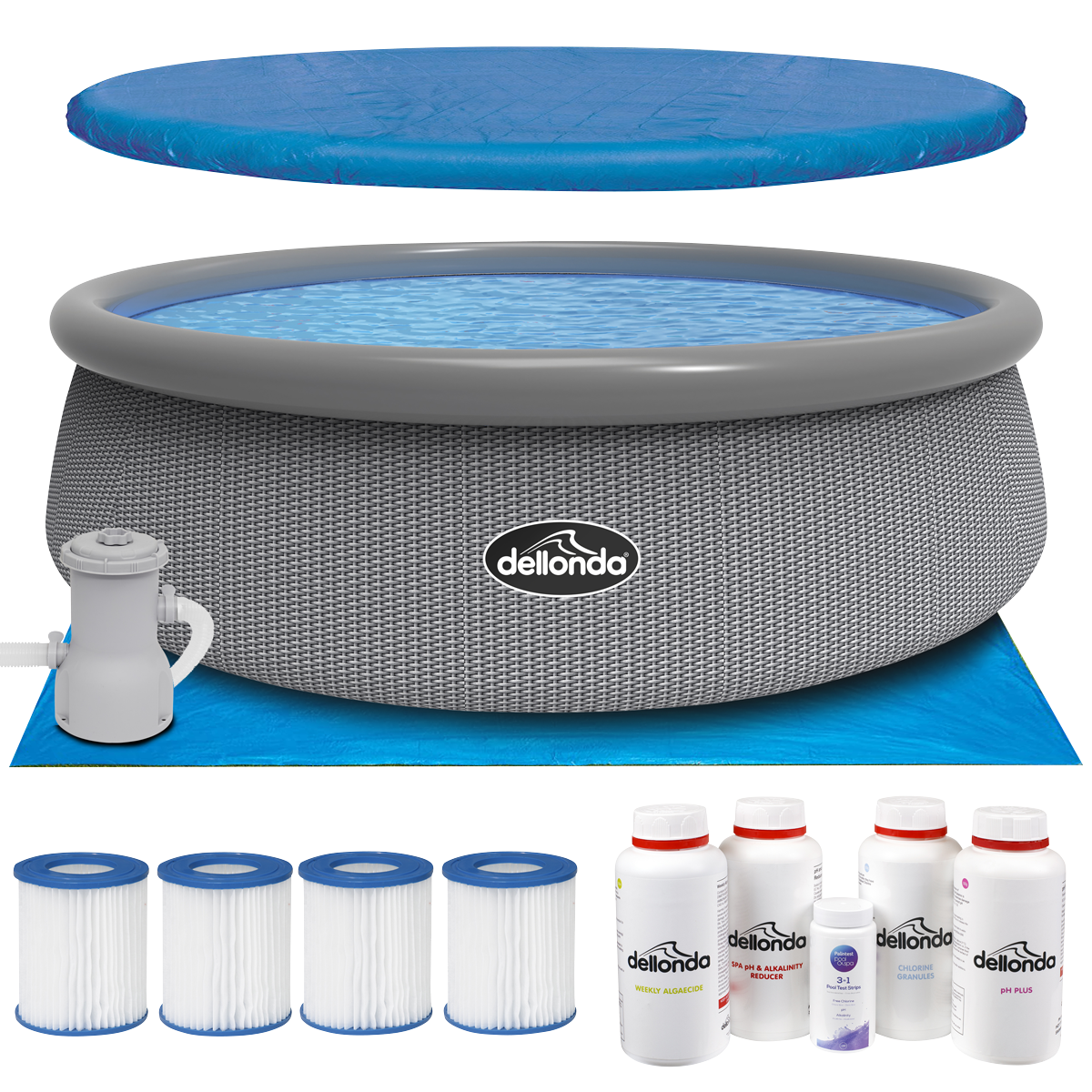 Dellonda DL136 Paddling/Swimming Pool & Pump with Cover, Ground Sheet, Test Strips, Starter Kit and Filters 15ft - Gray