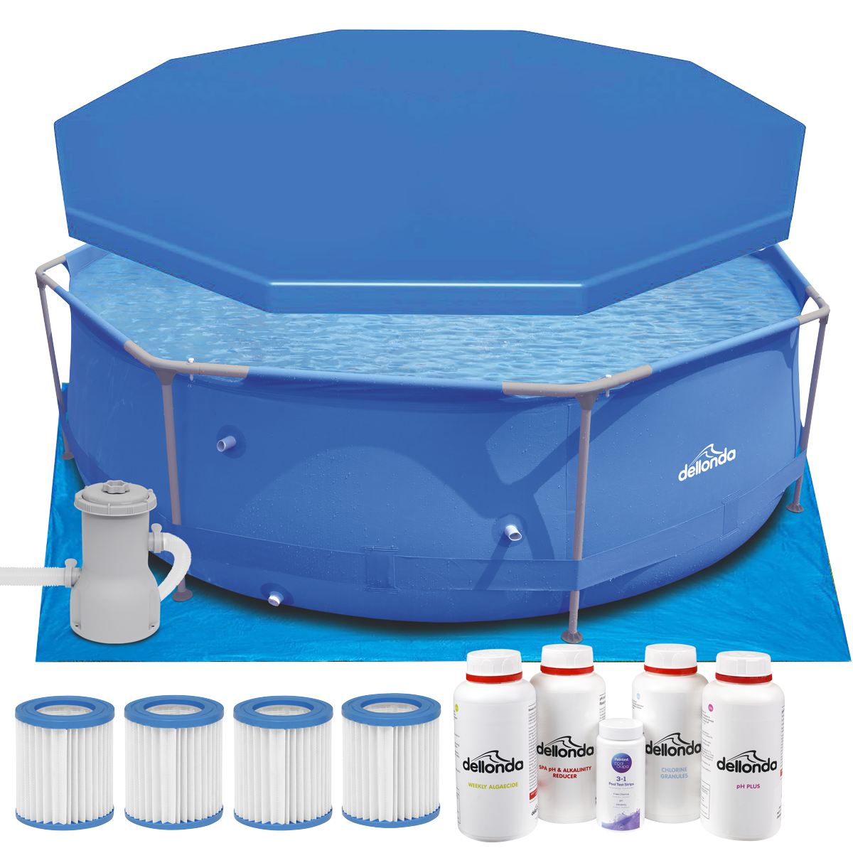 Dellonda DL137 Steel Frame Round Swimming Pool & Filter Pump with Cover, Ground Sheet, Test Strips, Starter Kit & Filters