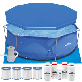 Dellonda DL137 Steel Frame Round Swimming Pool & Filter Pump with Cover, Ground Sheet, Test Strips, Starter Kit & Filters