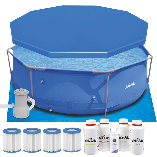 Dellonda DL137 Steel Frame Round Swimming Pool & Filter Pump with Cover, Ground Sheet, Test Strips, Starter Kit & Filters
