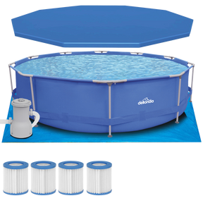 Dellonda DL138 Steel Frame Round Swimming Pool & Filter Pump with Cover, Ground Sheet, Test Strips & Filters 12ft - Blue