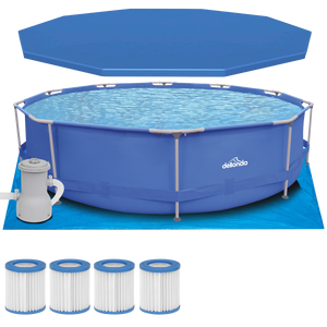 Dellonda DL138 Steel Frame Round Swimming Pool & Filter Pump with Cover, Ground Sheet, Test Strips & Filters 12ft - Blue