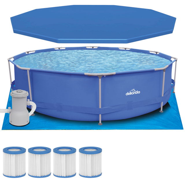 Dellonda DL138 Steel Frame Round Swimming Pool & Filter Pump with Cover, Ground Sheet, Test Strips & Filters 12ft - Blue
