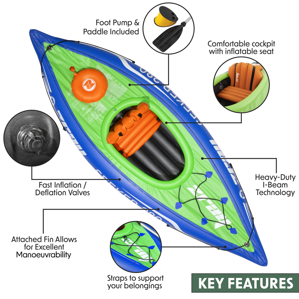 Dellonda DL154 Inflatable One-Person Kayak/Canoe Set with Pump, Carry Bag & Aluminium Oar - Blue/Green - additional view 7
