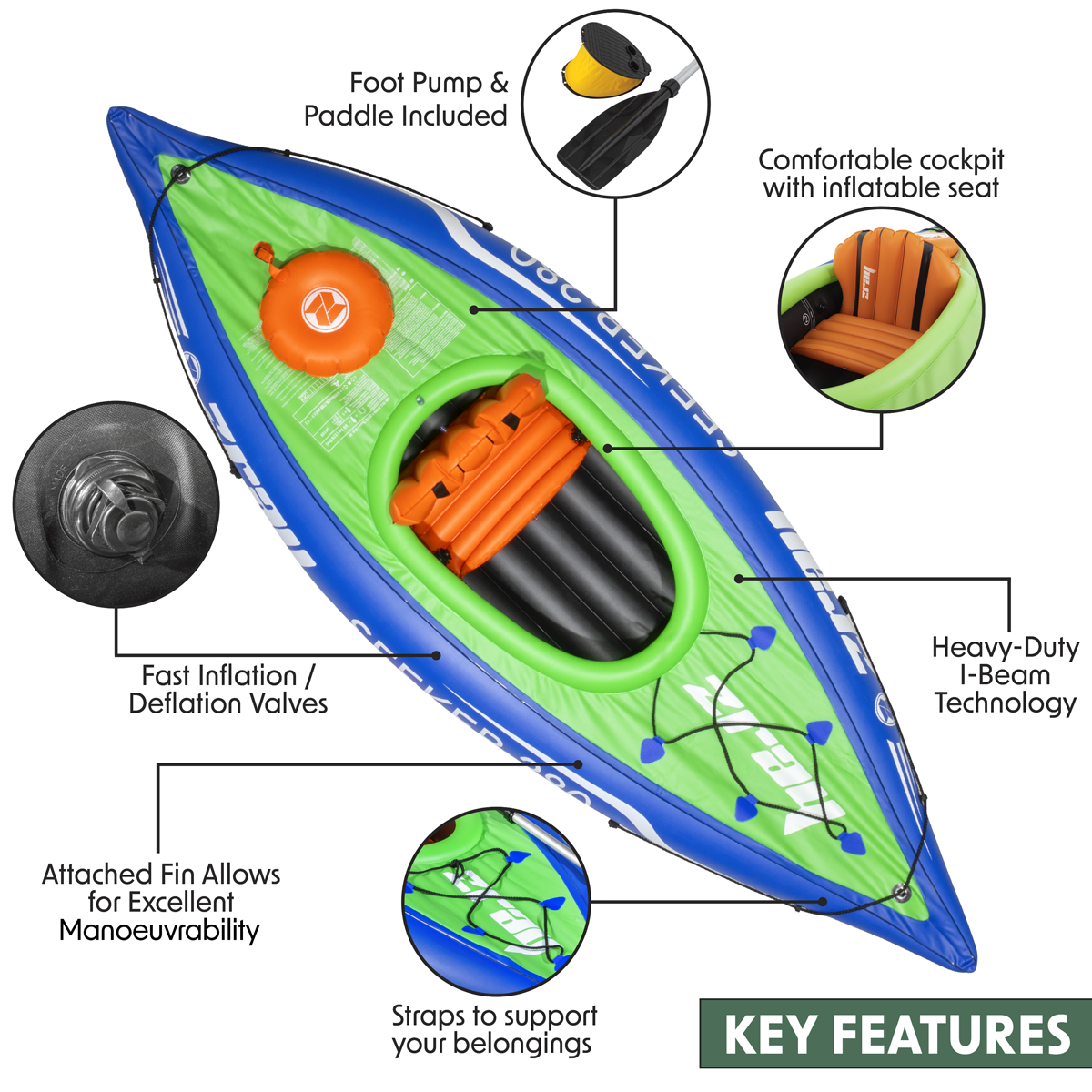 Dellonda DL154 Inflatable One-Person Kayak/Canoe Set with Pump, Carry Bag & Aluminium Oar - Blue/Green - additional view 7