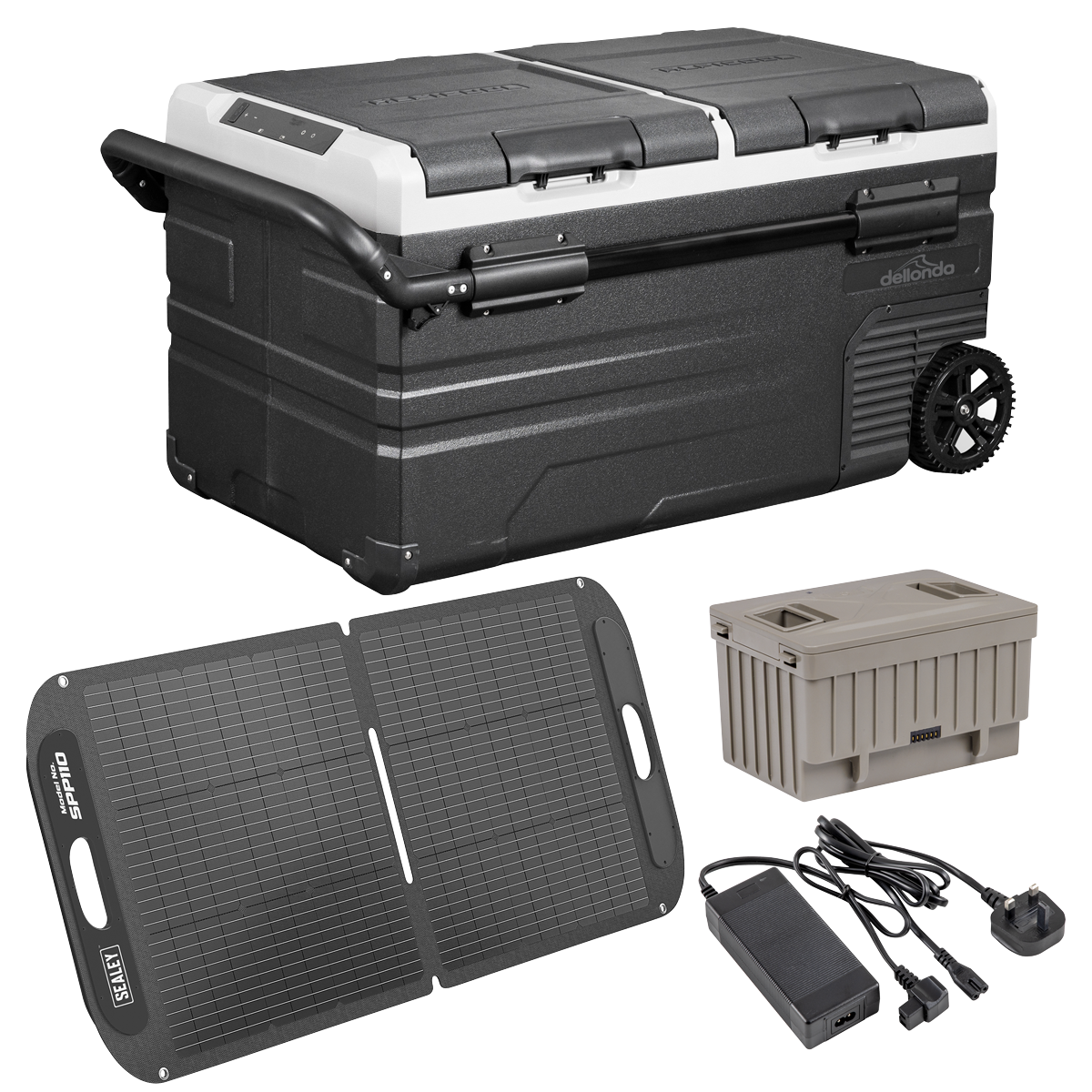 Dellonda DL174 Portable Fridge Freezer/Cool Box 75L with 11.1V Portable Battery, AC/DC 230V Adaptor & 110W Solar Panel