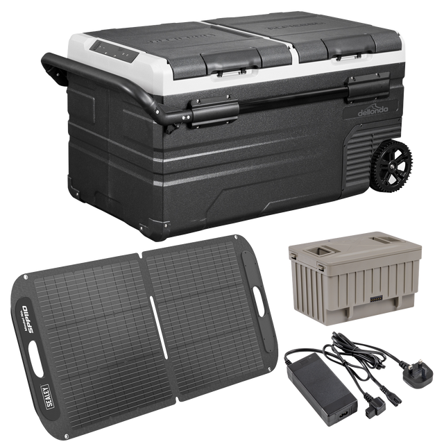Dellonda DL174 Portable Fridge Freezer/Cool Box 75L with 11.1V Portable Battery, AC/DC 230V Adaptor & 110W Solar Panel