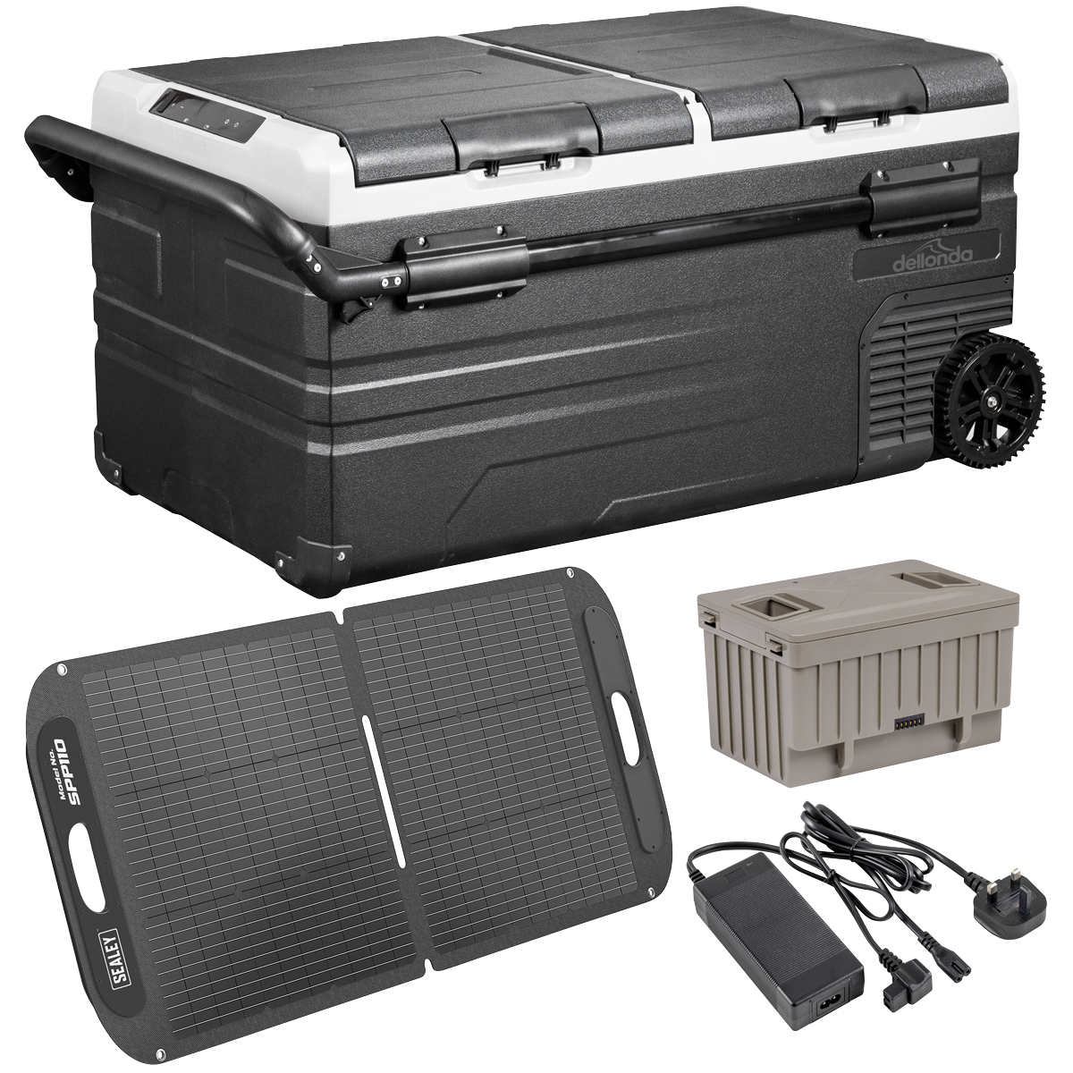 Dellonda DL175 Portable Fridge Freezer/Cool Box 95L with 11.1V Portable Battery, AC/DC 230V Adaptor & 110W Solar Panel