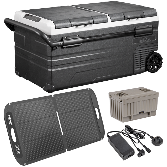 Dellonda DL175 Portable Fridge Freezer/Cool Box 95L with 11.1V Portable Battery, AC/DC 230V Adaptor & 110W Solar Panel