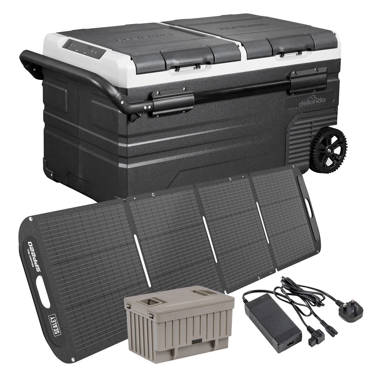 Dellonda DL176 Portable Fridge Freezer/Cool Box 75L with 11.1V Portable Battery, AC/DC 230V Adaptor & 220W Solar Panel