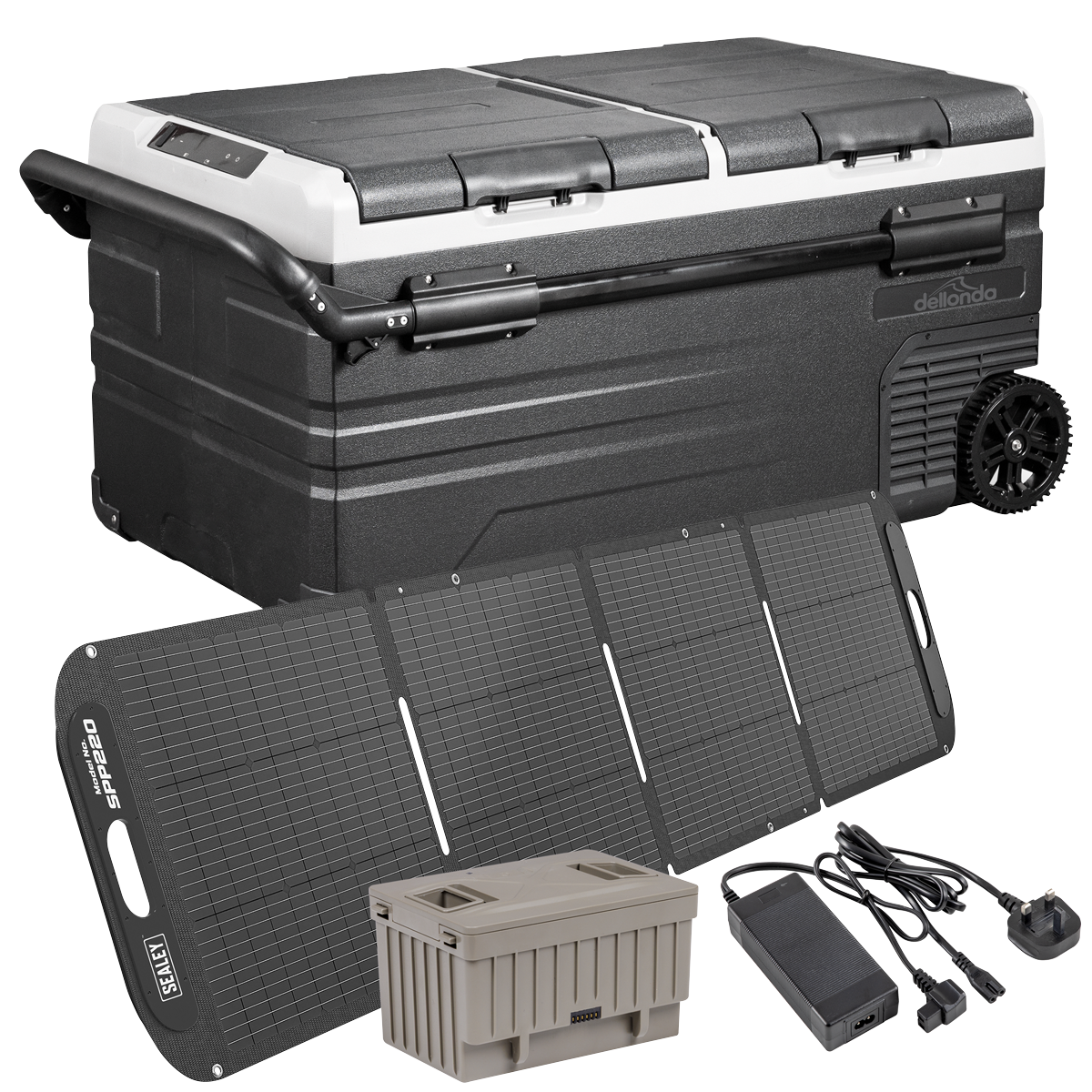 Dellonda DL177 Portable Fridge Freezer/Cool Box 95L with 11.1V Portable Battery, AC/DC 230V Adaptor & 220W Solar Panel