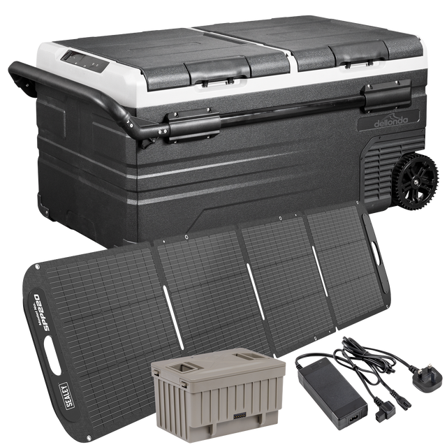 Dellonda DL177 Portable Fridge Freezer/Cool Box 95L with 11.1V Portable Battery, AC/DC 230V Adaptor & 220W Solar Panel