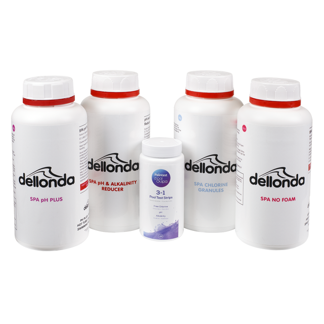 Dellonda DL62 Hot Tub/Spa Starter Kit - Chlorine, pH Increaser, Dry Acid, Foam Down & Test Strips