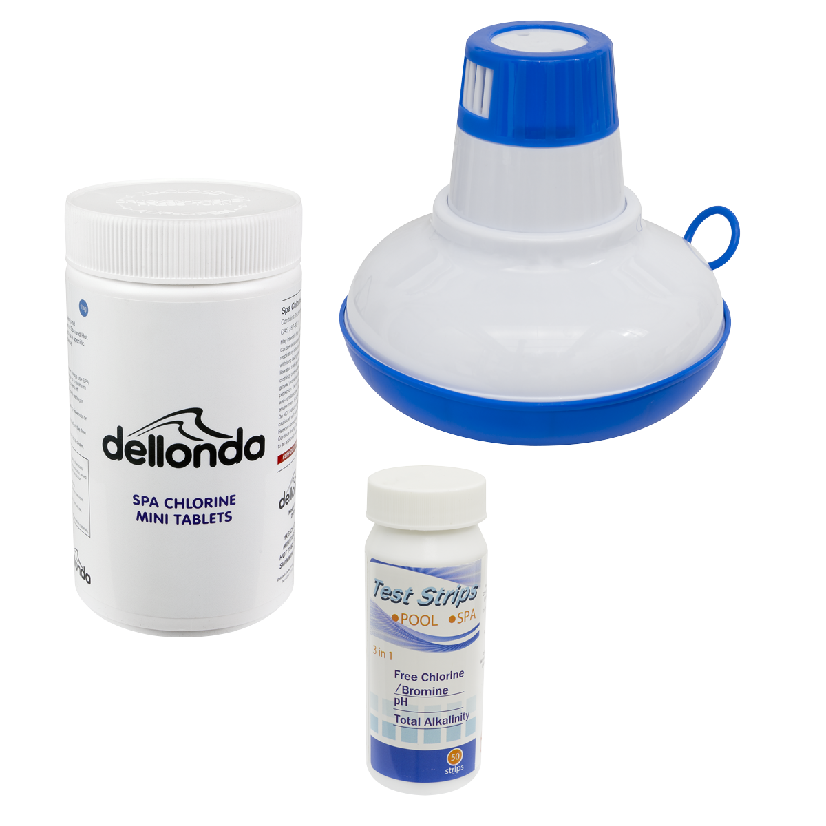 Dellonda DL97 Hot Tub/Spa & Swimming Pool Chlorine Pack includes Chlorine Mini Tabs 1kg, Chemical Floaters & 3-in-1 Test