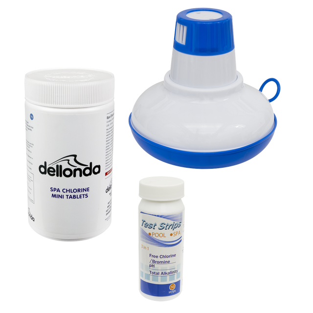 Dellonda DL97 Hot Tub/Spa & Swimming Pool Chlorine Pack includes Chlorine Mini Tabs 1kg, Chemical Floaters & 3-in-1 Test