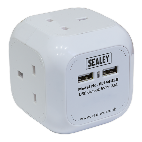 Sealey EL144USB 1.4m Extension Cable Cube 4 x 230V & 2 x USB - White